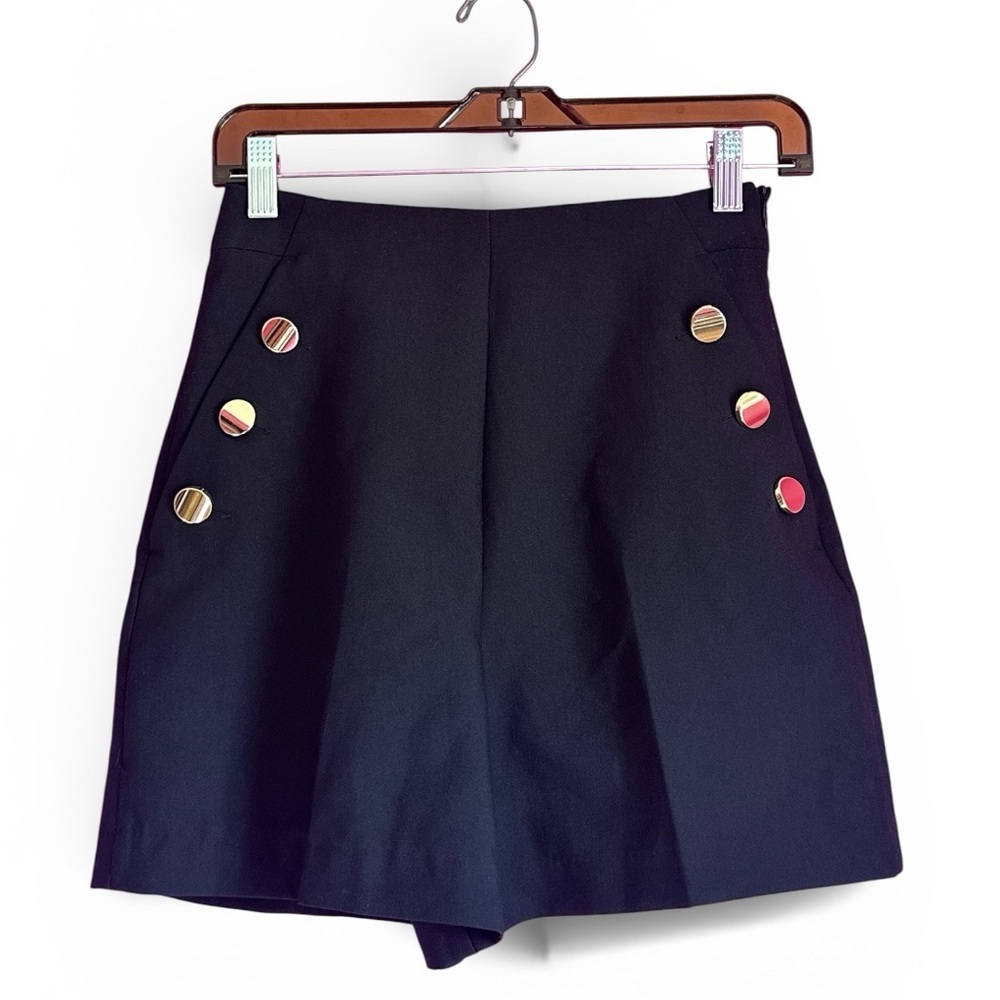 Zara Elegant High Waisted Black Short with Gold Buttons - Picture 2 of 7